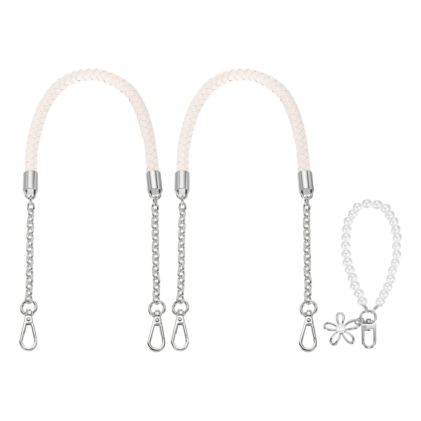 sourcing map 2 Pcs PU Leather Chain Purse Strap, 23.6 Inch Braided Purse Handles Replacement Strap with Pearl Pendant for Tote Bag Handbag Underarm Bag (Cream, Silver Chain)