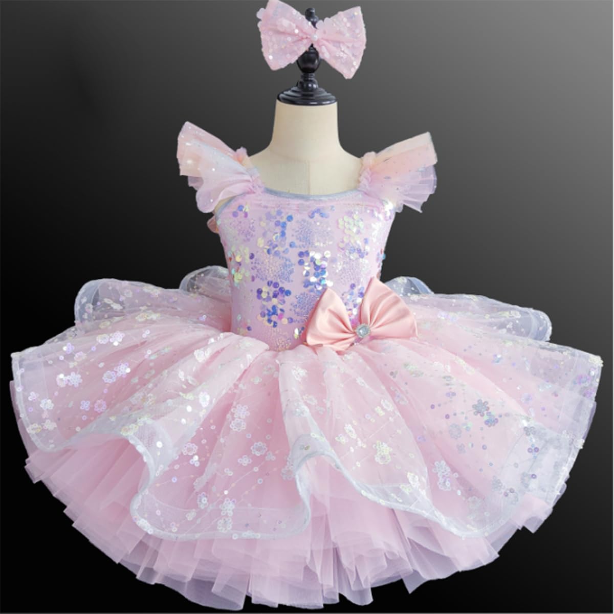 Ballerina-Kostüm für Mädchen, Tüll-Tutu, Ballett-Wettbewerbskleid | Tutu Kinderkostüm Kleiner Schwan mit Rüschenärmeln Spitze Stickerei und Pailletten