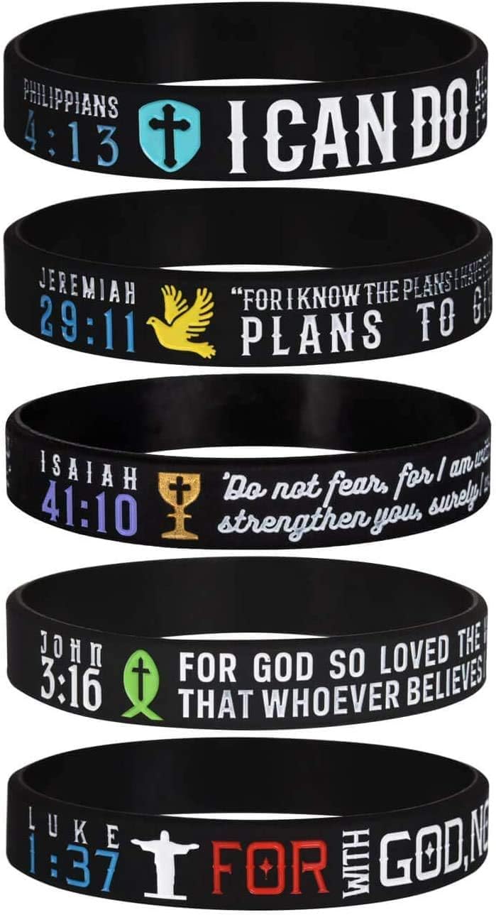 5-Pack Power of Faith Inspirational Christian Bible Verse Silicone Bracelets - Philippians 4:13, Jeremiah 29:11, Isaiah 41:10, John 3:16, Luke 1:37 - Church Gifts for Men Women, Party Favors