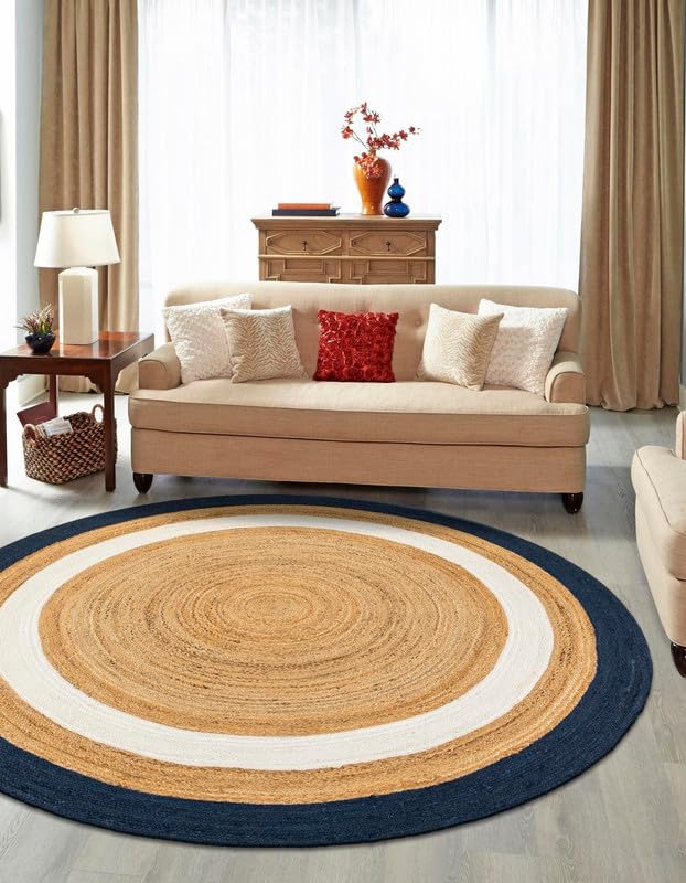 Aizza Trends Alfombra redonda de yute natural de 2 pies, color beige, azul marino y blanco, alfombra bohemia de yute natural, trenzada a mano, decoración rústica para sala de estar, comedor y