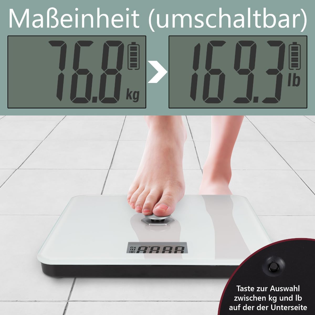 ProfiCare® Personenwaage ohne Batterie | Waage mit Messbereich von 5kg – 180 kg & großem LCD-Display | Personenwaage digital mit kinetischer Energie & Glasoberfläche | PC-PW 3112 weiß