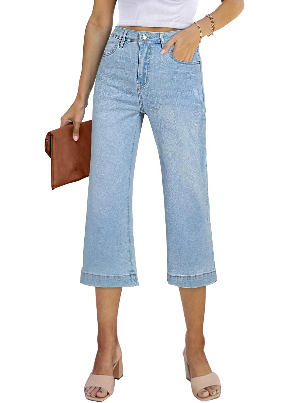 Sidefeel Women's Wide Leg Jeans High Waisted Stretchy Capri Pants