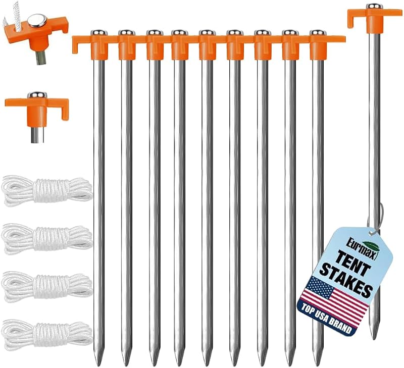 Paquete de 10 estacas galvanizadas para tienda de campaña con protección segura, anclajes de acero inoxidable para vientos fuertes, estacas de suelo comerciales resistentes para acampar, tiendas de campaña emergentes y cenadores, incluye cuerdas de 4 x 10 pies