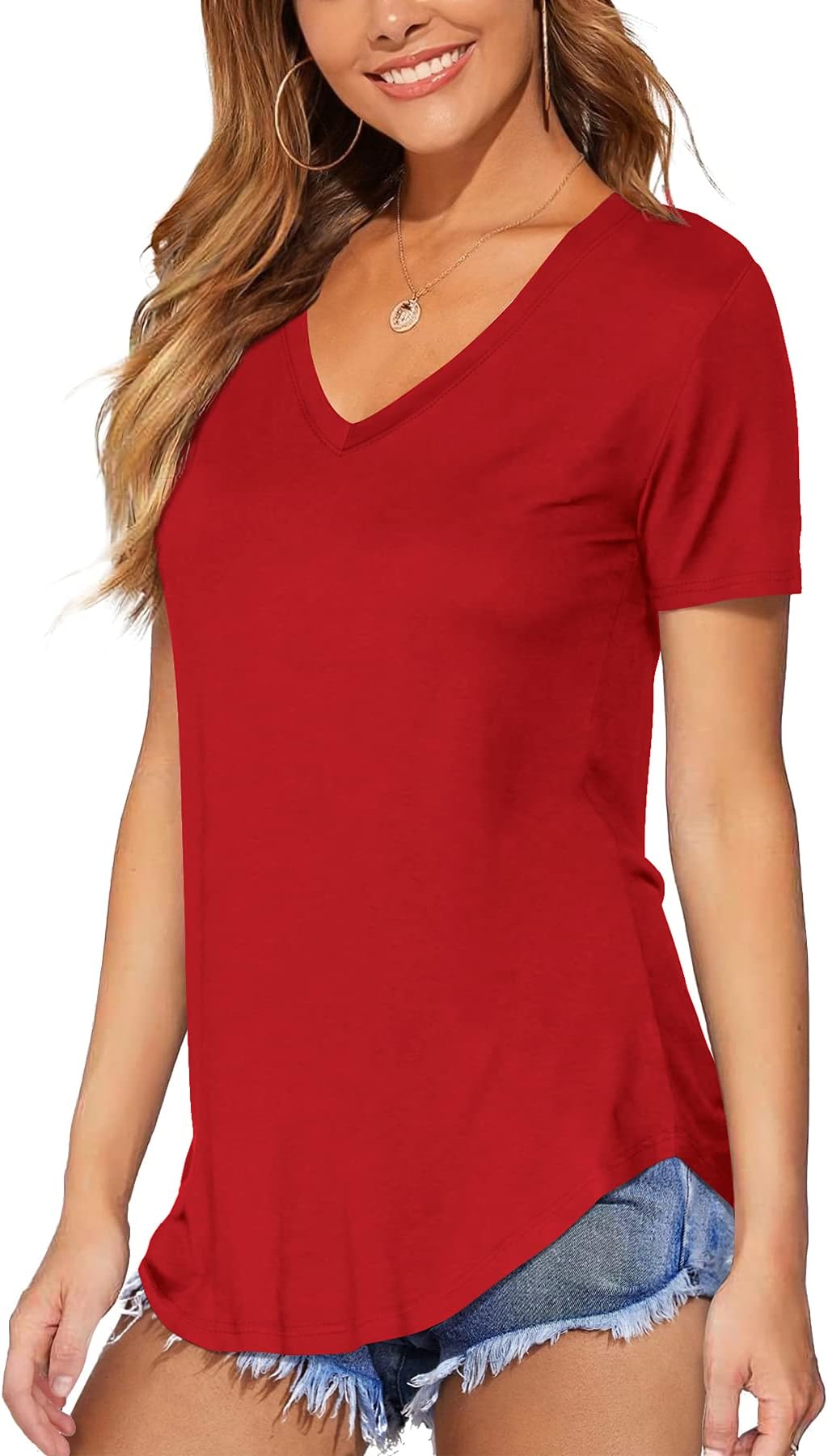 DittyandVibe Women Shirt Long/Short Sleeve V Neck Curved Hem Tunic Tops Tshirt