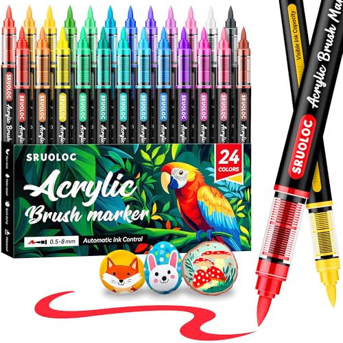 SRUOLOC 24 Colors Acrylic Paint Markers, Brush Tip Automatic Ink Control Acrylic Paint Pens for Rock Painting, Canvas, Wood, Ceramic, Glass, Stone, Fabric, DIY Crafts Textile & Art Supplies