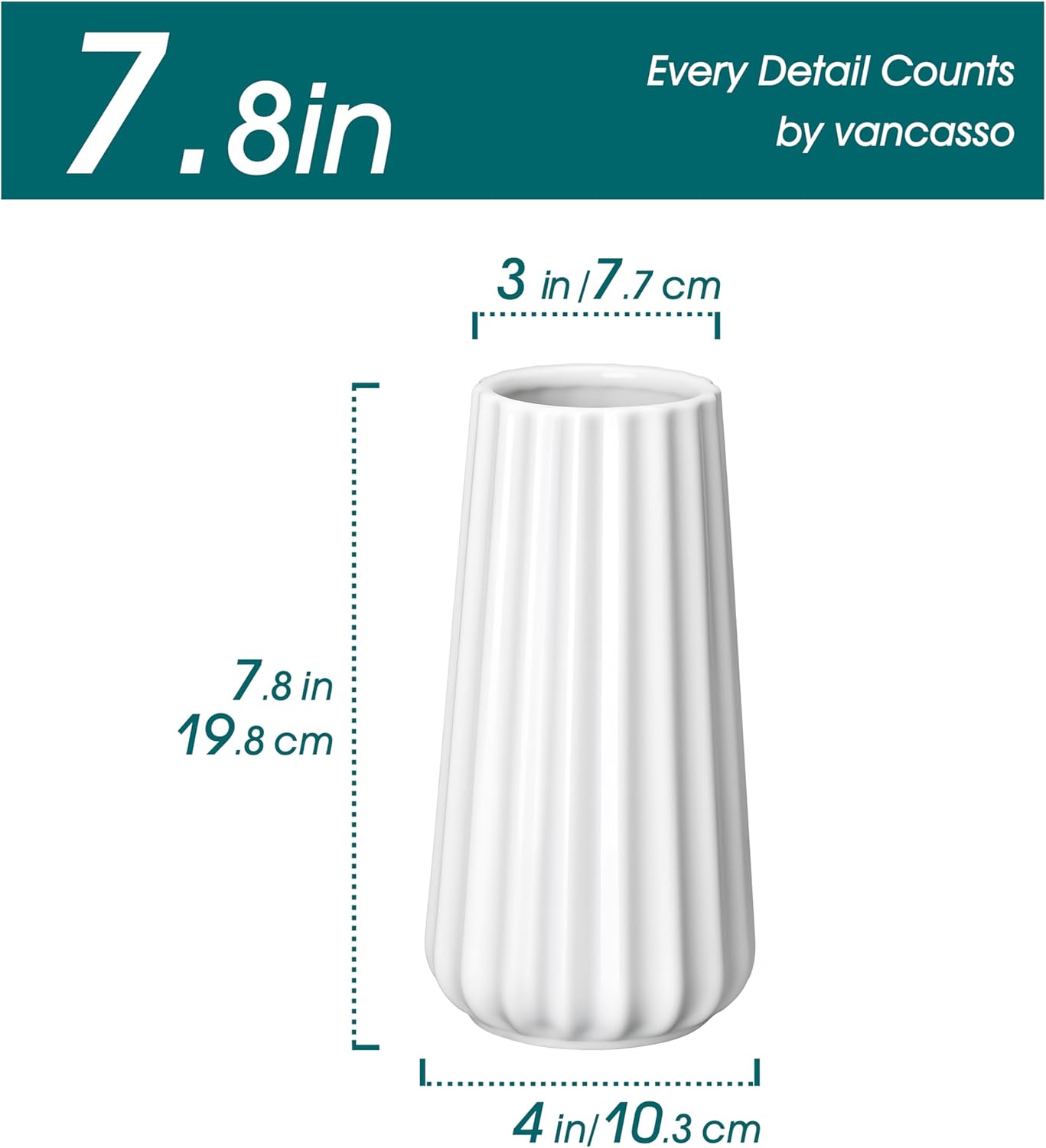 vancasso Ceramic Vase, 7.8 Inch Modern Ribbed Glossy Decorative Vase, Flower vase for Home Decor, Living Room, Bedroom, Office Decor, White - Image 2