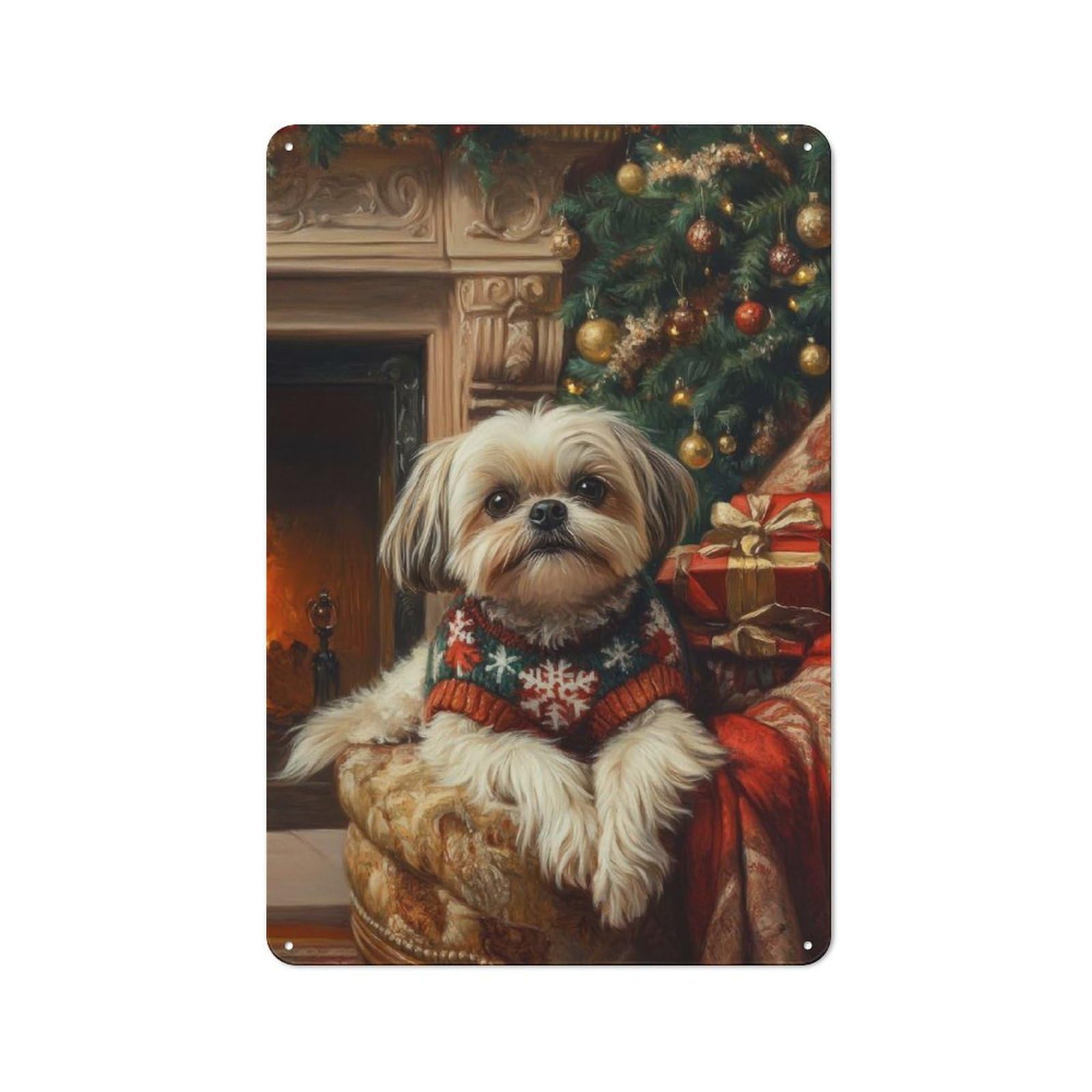 Junmoney Dog In Christmas Sweater Shih Tzu Dog Christ Mas Art Vintage Metal Wall Sign 30X20cm For Garage Or Workshop, For Metal Sign Collectors, For Garage And Workshop Walls