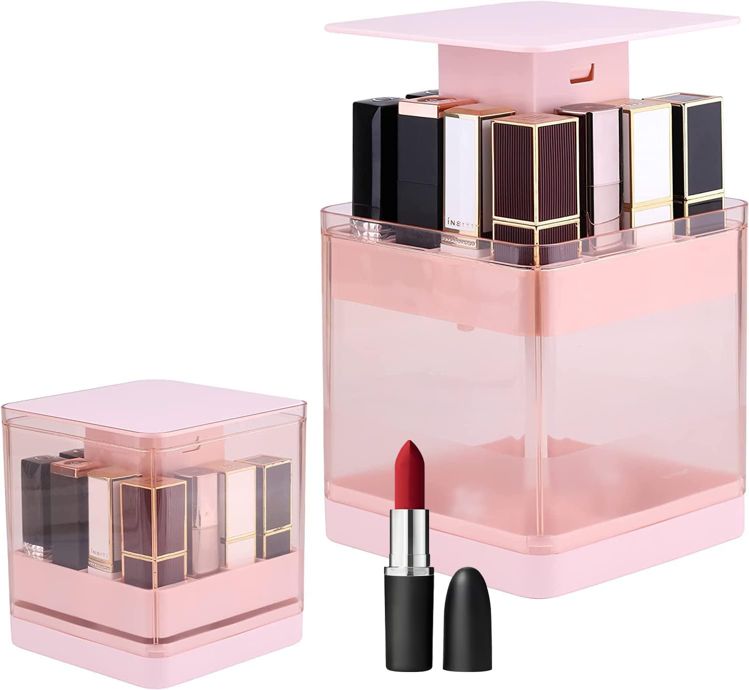 STORE 2508 Push Up Lipstick Organizer 12-Slot Dustproof Cosmetic Storage Box with Automatic Lifting Press-Type Makeup Display Case for Vanity & Bathroom Durable ABS Plastic Holder (Pink)-image-26