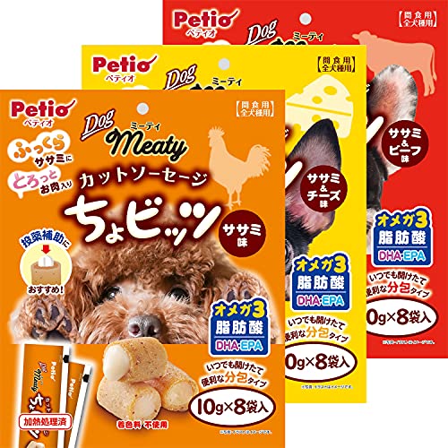 【Amazon.co.jp限定】Petio(ペティオ) Meaty ミーティ カットソーセージ ちょビッツ アソートセット(ササミ味・ビーフ味・チーズ味) 10g×8袋入 3種×1個のサムネイル