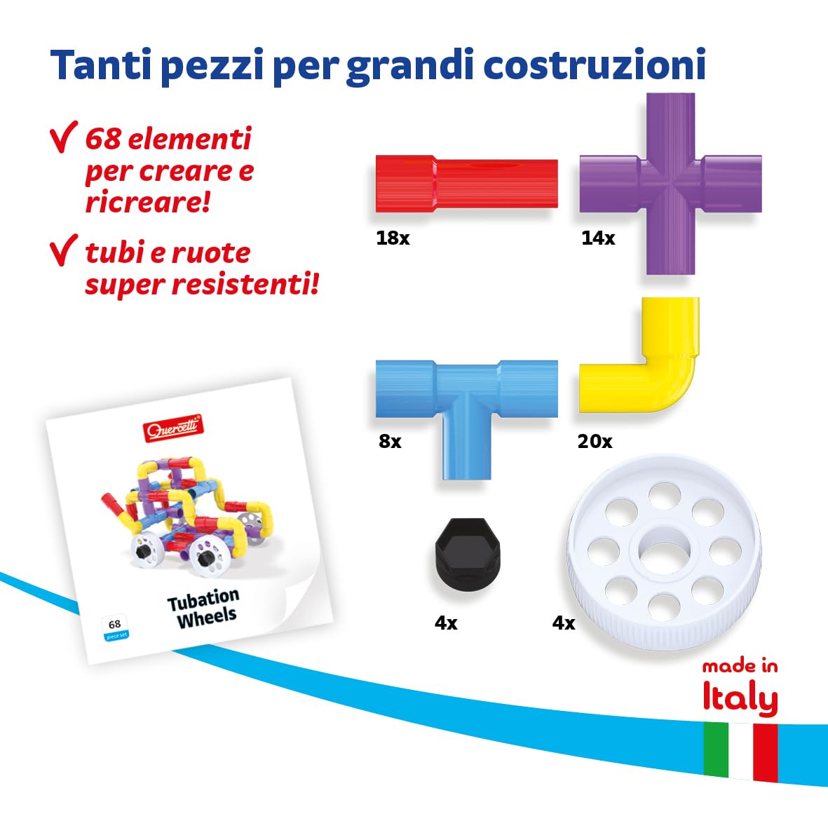 Quercetti Tubation Wheels 68 Pezzi, Giochi Bambini 3 Anni, Costruzioni per Bambini 3 Anni con Tubi Colorati e Ruote, Giochi Educativi e Giochi Creativi, Giochi per Bambini, Made in Italy