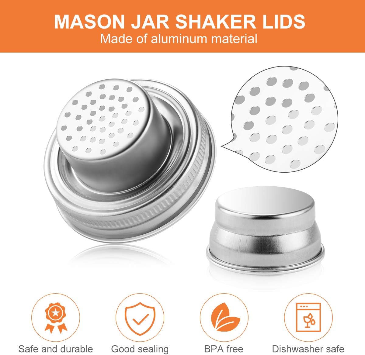 AIEVE Mason Jar Shaker Lids for Spices, 2 Pack Shaker Top for Mason Jar, Cinnamon Sugar Shaker, Mason Jar Spice Lid with Silicone Seals for Regular Mouth Mason Jars (Jar Not Included)
