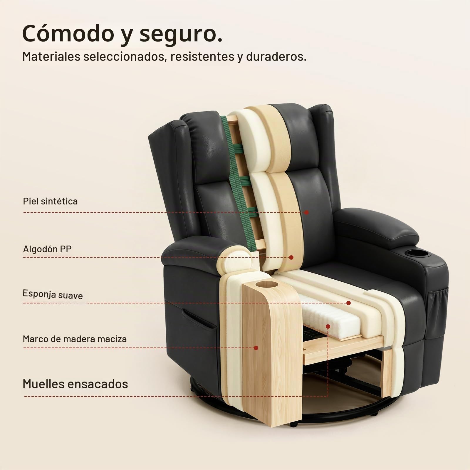 WOLTU Sillón Relax Reclinable, Giratorio 360°, PU, Negro | Sofa Individual Función Balanceo y Respaldo Ajustable, con Reposapiés, Bolsas Laterales y Portavasos, Carga 150 kg