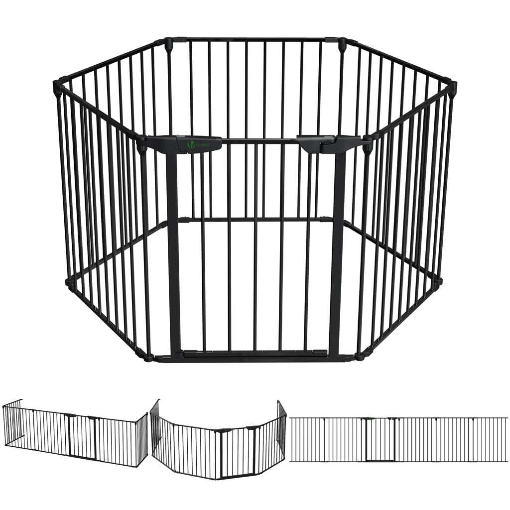VOUNOT® 6 Panel Safety Barrier Fireplace Protection Foldable Metal Fire Guard Hearth Gate with Lockable Door, Playpen Multi-Function Room Divider Pre-Assembled 3.75M Black