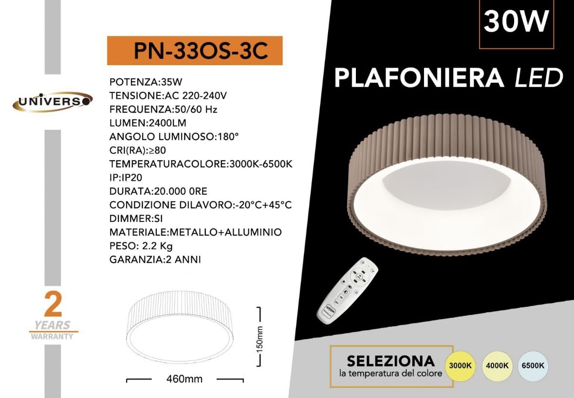 Plafoniera LED Moderna 30W Ø46cm con Telecomando, CCT Regolabile 3000K–4000K–6500K, Luce Soffitto Design Metallo, Lampada da Soffitto per Soggiorno Camera – PN-33OS-3C