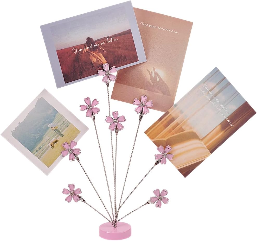 FINGERINSPIRE Photo Tree Holder Clip Cherry Blossoms 8-Branch Family Tree Picture Frame Pearl Pink Flower 304 Stainless Steel Name Card Photo Memo Holders with Iron Clip for Wedding Birthday Party