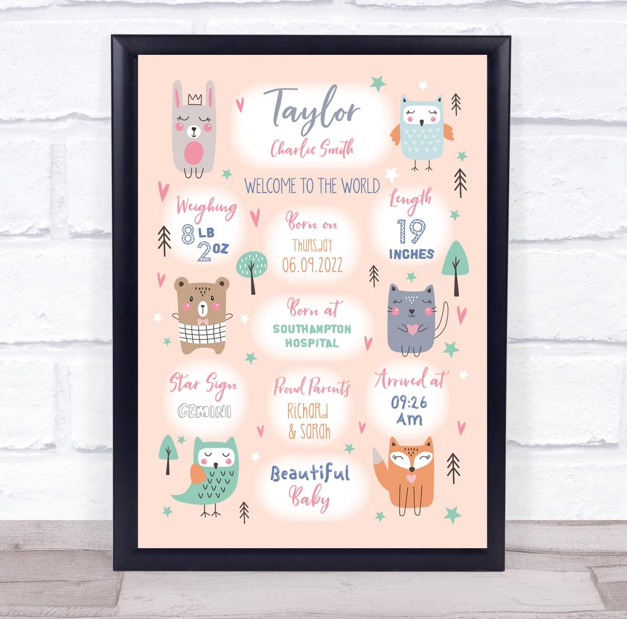 New Baby Birth Details Christening Nursery Forest Animals Keepsake Gift Print