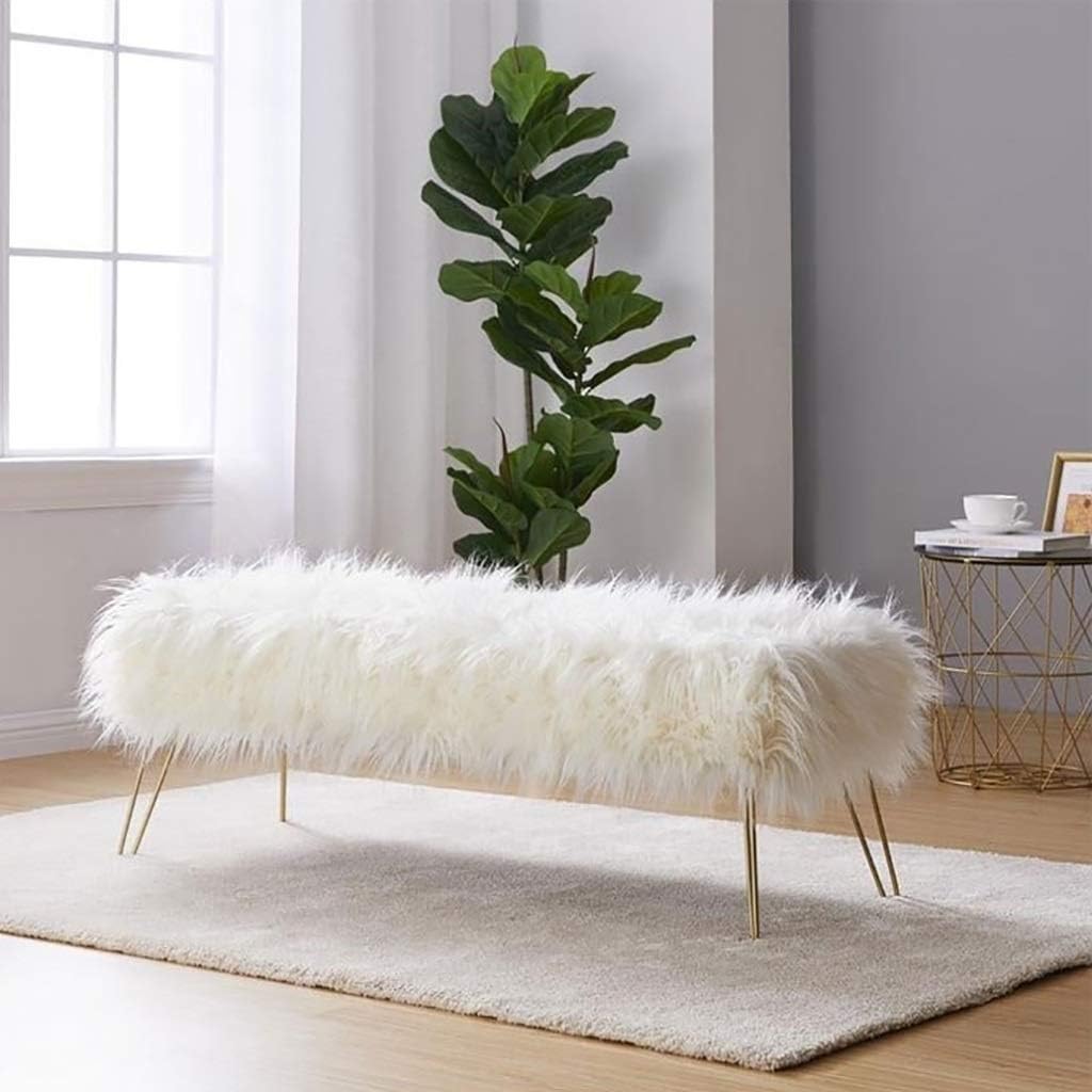 Sheng Zhanyan firms Modern Contemporary Ottoman/Bench Faux Fur Long Bed End Stool Sofa Stool Foot Rest Stool/Seat with Gold Metal Legs - 80cm L x 45cm