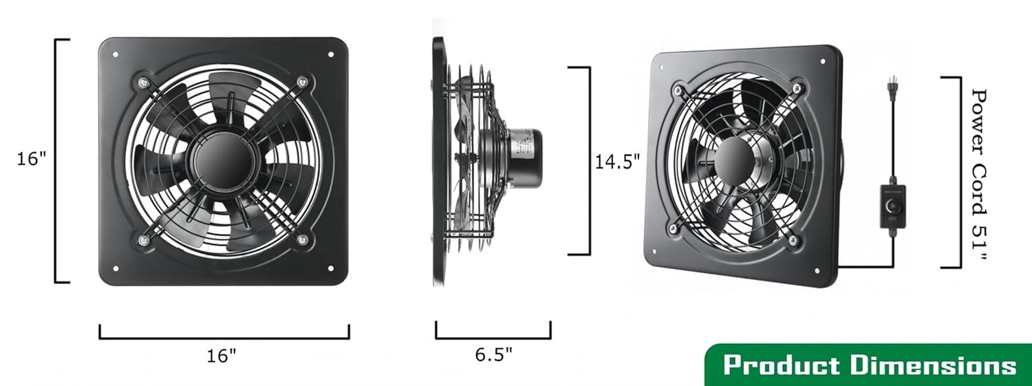 16 Inch Window Exhaust Wall Mounted Ventilation Basement Extractor Industrial Fan 720 CFM High-Speed1460 RPM Industrial Fan for Home Garage Office Commercial Use (16 Inch+Speed Control)