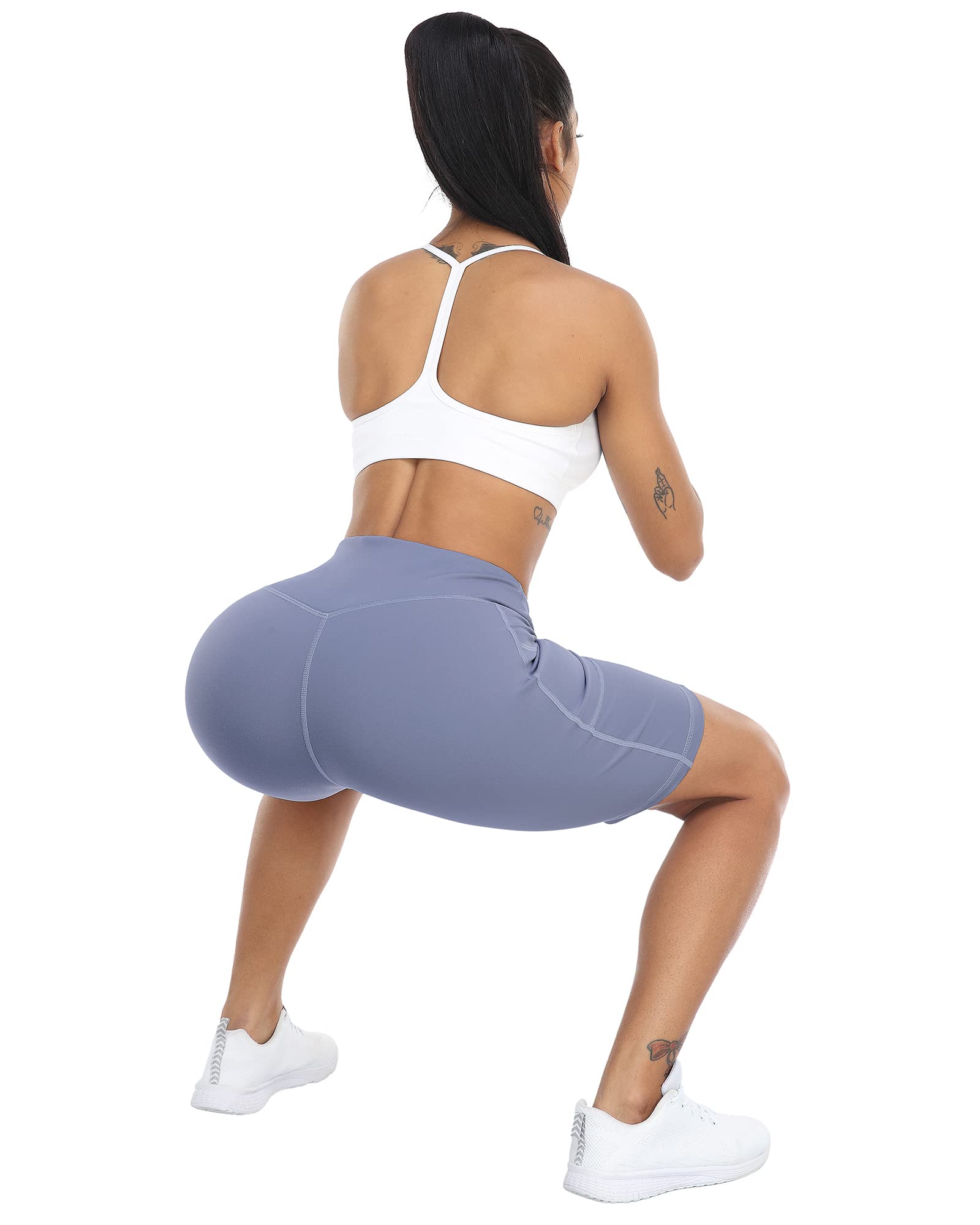 WHOUARE Biker-Yoga-Shorts mit Taschen für Damen, hohe Taille, athletisch, Laufen, Workout, Fitnessstudio, Bauchkontrolle, 4 Stück