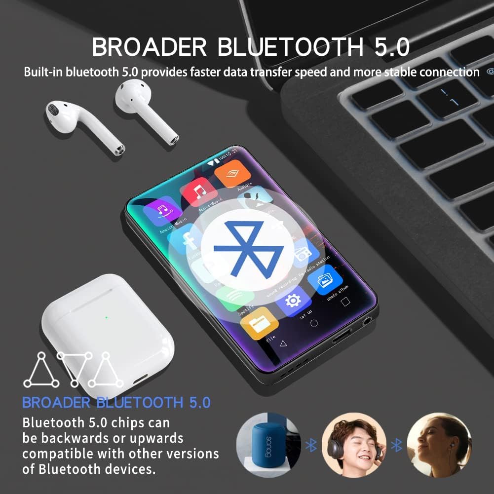 The MYMAHDI MP3 player screen showing a large Bluetooth icon, with images of wireless earbuds, a Bluetooth speaker, and a person wearing headphones around it, illustrating Bluetooth 5.0 connectivity.