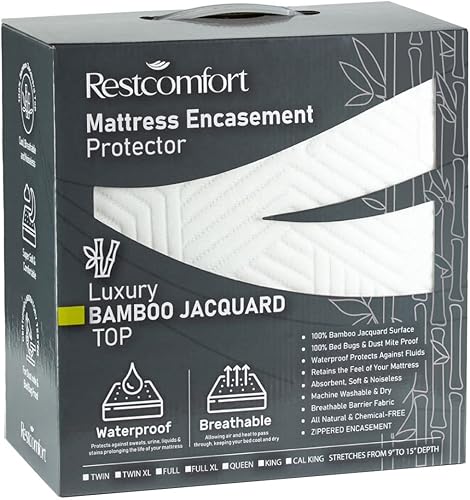 Rest Comfort - Protector de colchón de lujo jacquard con cremallera superior, hipoalergénico, ácaros del polvo y chinches y resistente al agua (se