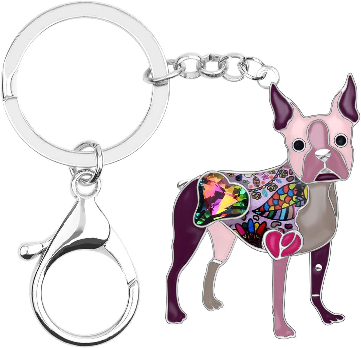 BONSNY Enamel Metal Heart Rhinestone Boston Terrier Dog Key Chains For Women Kids Car Purse bag Rings Charms Pets Gift