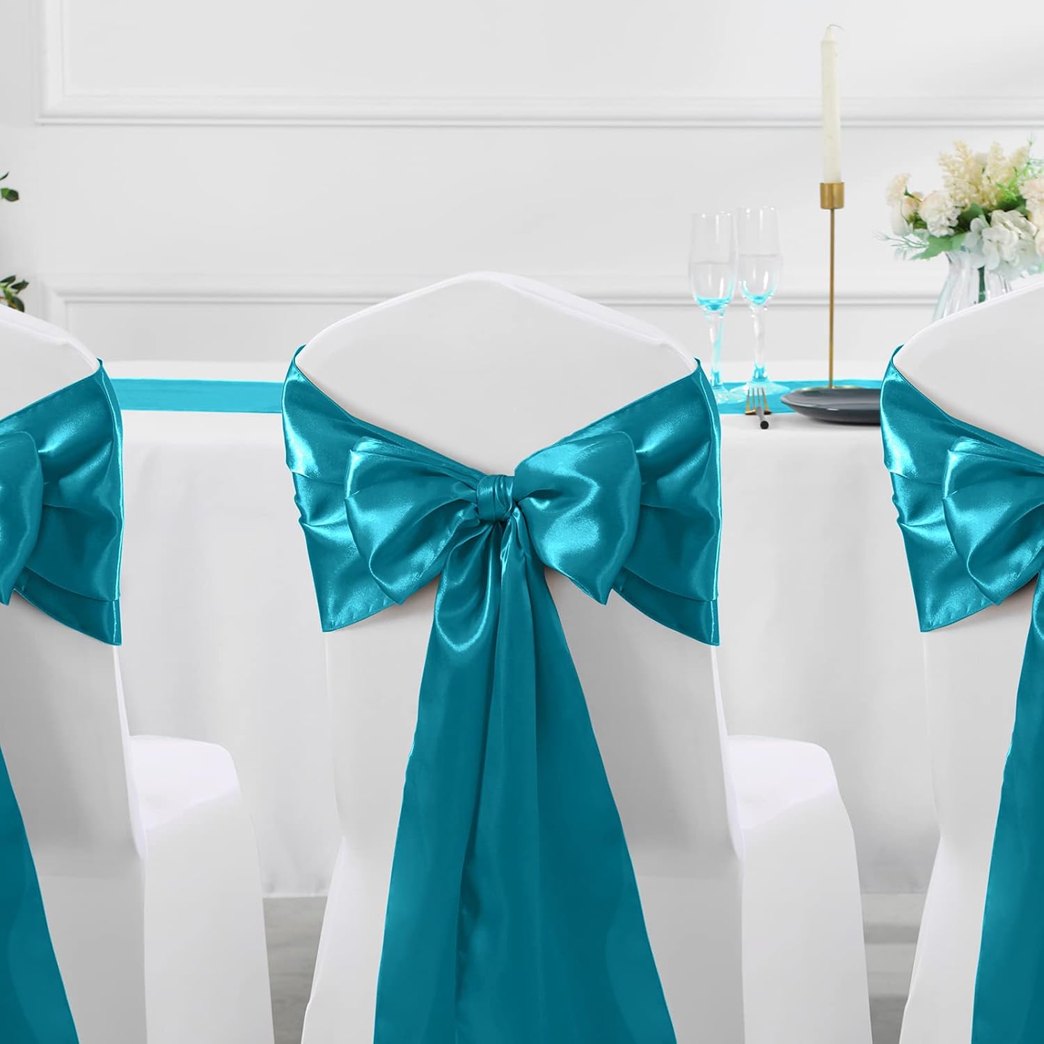 Manyshofu 12Pcs Satin Teal Blue Table Runner - 12 x 108 Inch Long Size, Party Table Runner Decor Bright & Smooth Wedding Decorations Table Runners for Banquet Chef Birthday Buffet Dinner Graduations