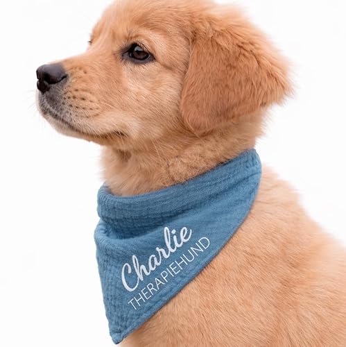 Hunde Halstuch Personalisiert Dreieckstuch aus Musselin Gaze 100{314a6f67d04061630f951b5b0edf522ce5040cd79df178b2fbf98ec9af99bd19} Baumwolle in 4 Grössen erhältlich, mit Namens Personalisierung aus OekoTex zertifiziertem Druckmaterial