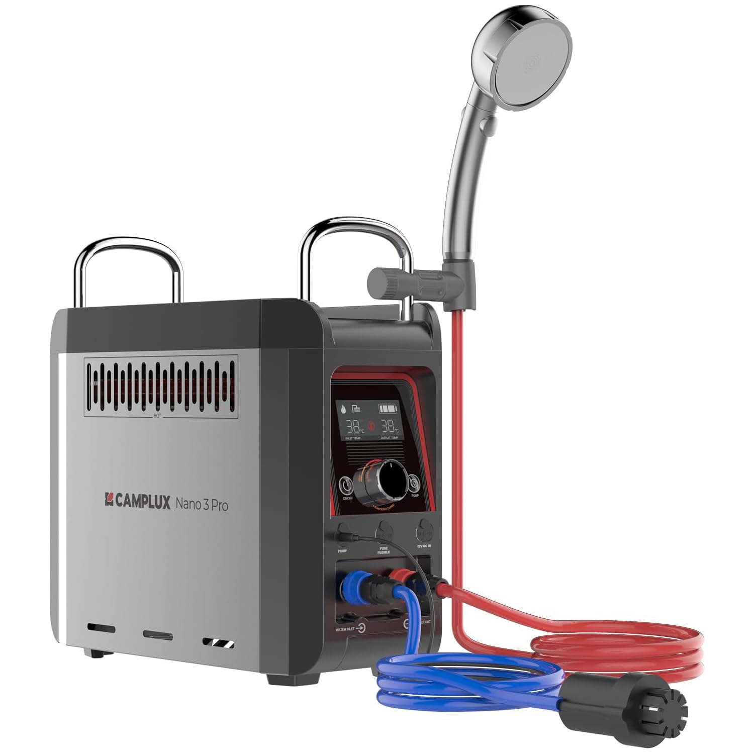 CAMPLUX Nano 3 Pro - Chauffe-Eau Portable à Gaz, Eau Chaude Instantanée, avec Batterie Intégrée et Pompe 12V, Compact pour Camping & Vanlife