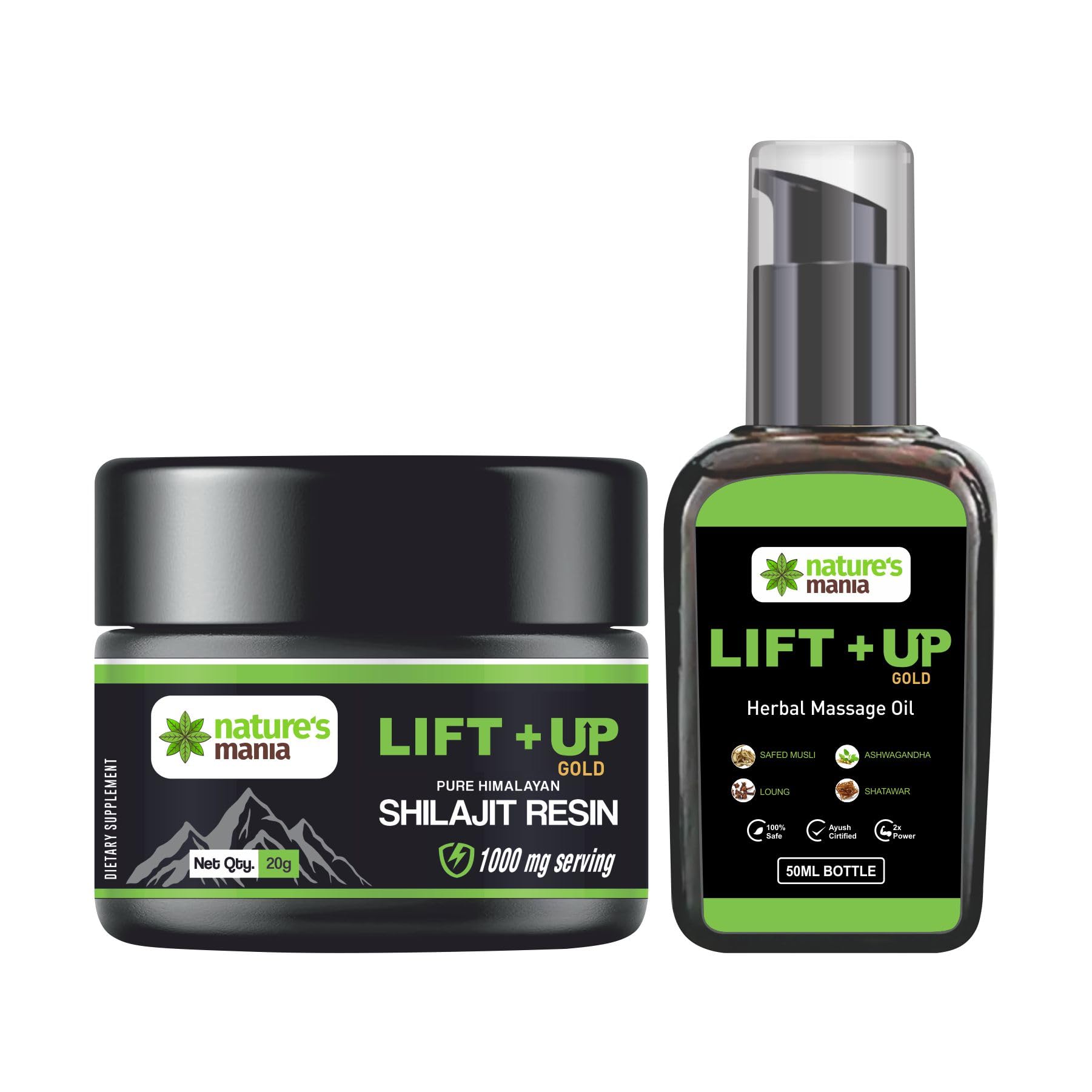 Nature'S Maniaa Pure Natural Lift Up Massage Oil-50Ml & Himalayan Shilajit/Shilajeet Resin,20G| Performance Booster For Endurance,Body General Wellness And Stamina