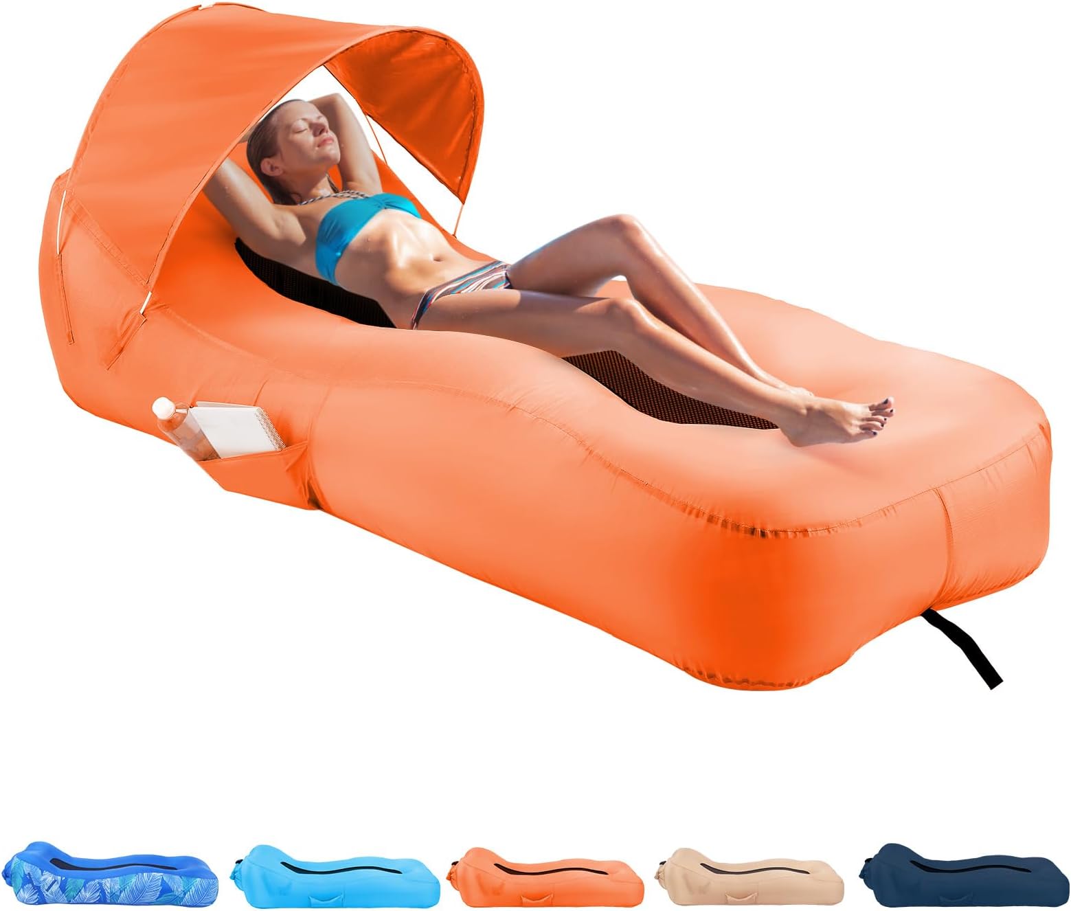 Inflatable Lounger Air Sofa with Unique Sun-Shade Design, Inflatable Beach Bed with Pillow, Waterproof Inflatable Couch Camping Chair Hammock for Hiking Backyard Travel Beach Park Picnics