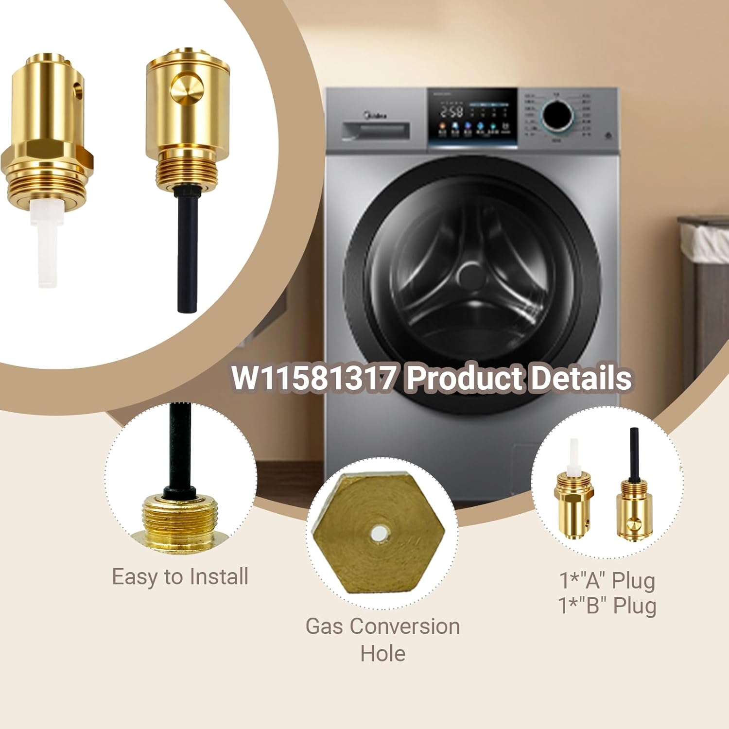 W11581317 Dryer Propane Conversion Kit For 27-Inch Dryers,Compatible with Armada,Whirlpool,Maytag,Kenmore 20000 BTU/HrDryers, Replace W11581316, W10606694A ETC.1 Each LP Kit Comes With 4year warranty