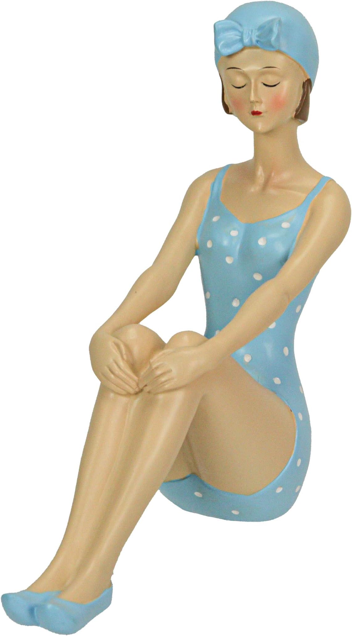 Vintage Beach Bathing Beauty Polka Dot Swimsuit Figurines - 7.75 Inch - Seated Relaxation Pose - Blue