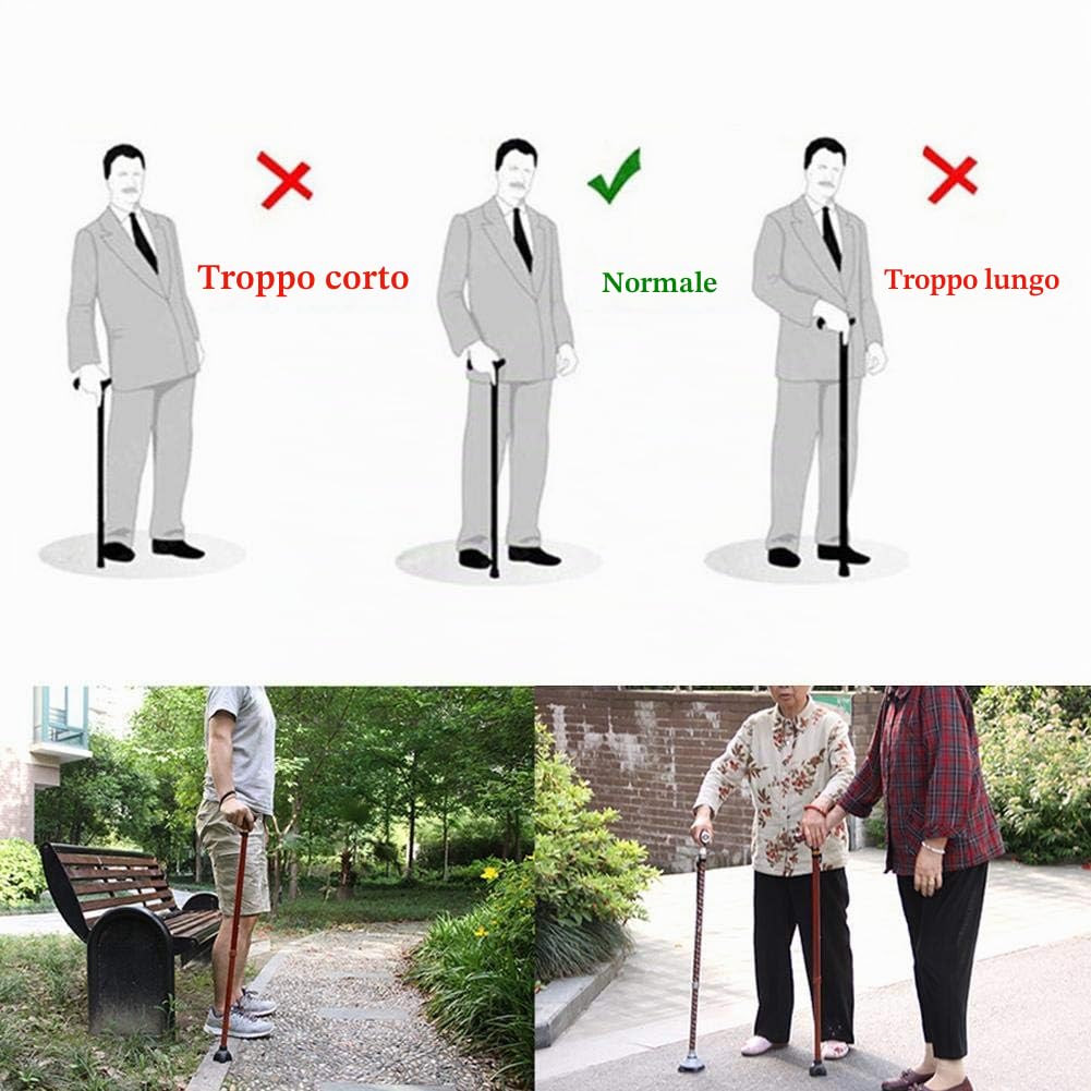 Bastone da passeggio, retrattile, multifunzione, con luce, per anziani, antiscivolo, quadripode, leggero, batterie non incluse b