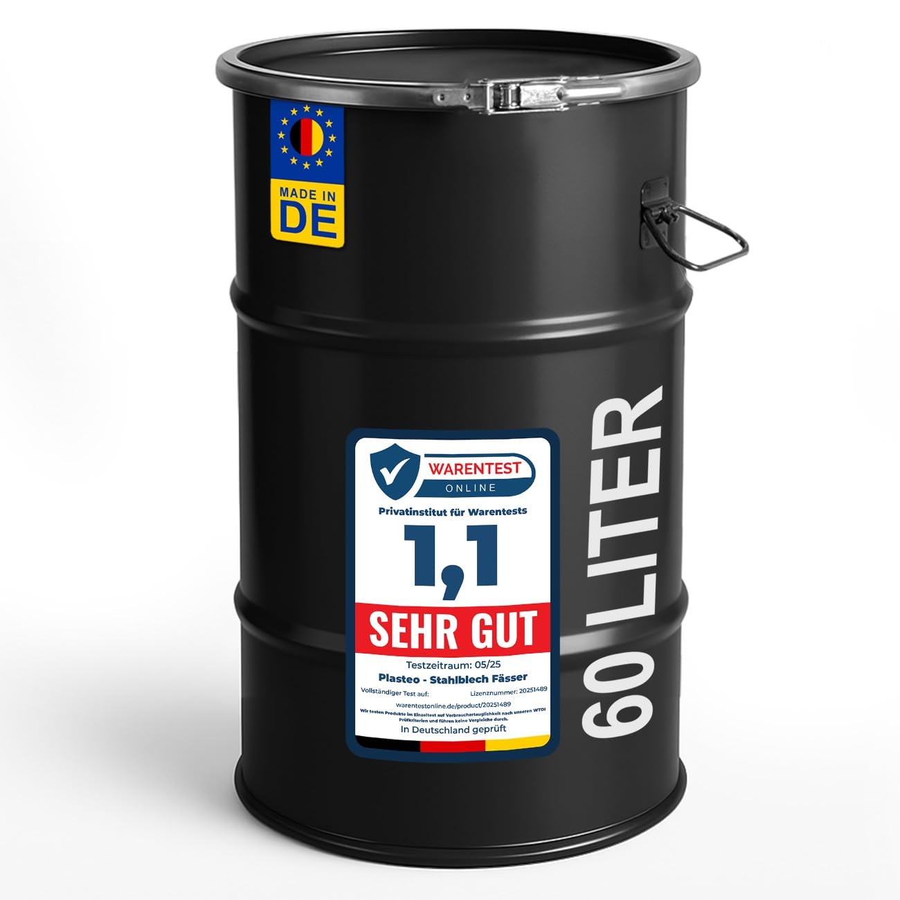 plasteo 60 Liter Stahlfass Hobbock Deckelfass Stahlbehälter – Tiefschwarz, UN-Zulassung, Made in DE