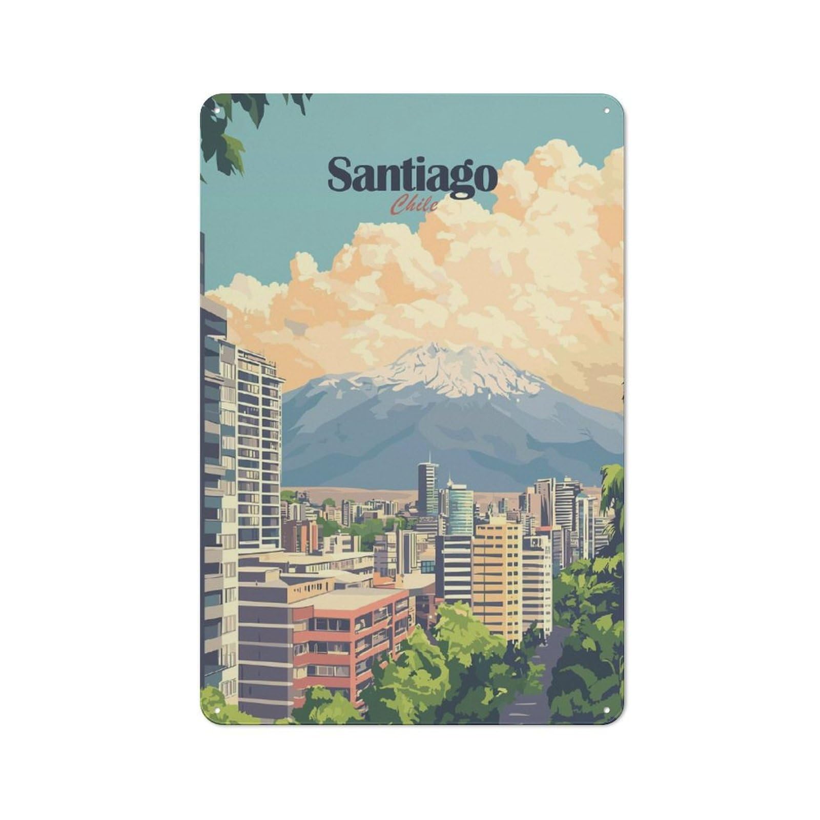 Decorative Metal Sign with Santiago, Chile Cityscape(3) Design 30x20cm, Cosy Cafe Wall Decor for Kitchen, Cafe, Pantry Or Dining Room