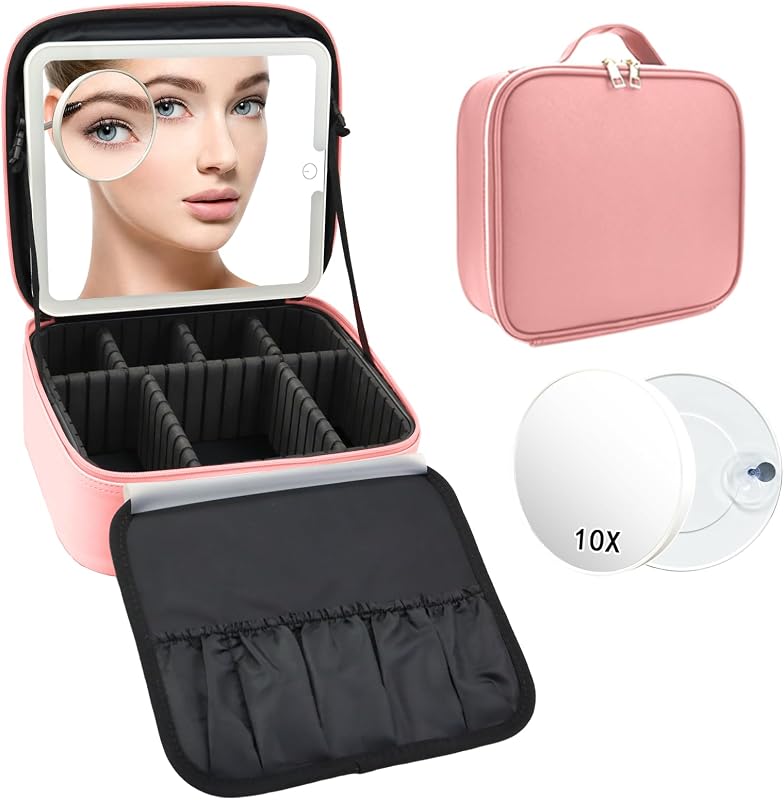 Maleta de maquiagem para viagem SLUMAZI com espelho LED, lente de aumento 10x, 3 ajustes de iluminação, divisórias ajustáveis e estojo para pincéis, rosa