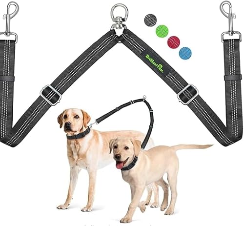 Correa doble para perro, dos divisores de correa para perro, longitud ajustable y sin enredos, extensión de correa doble para entrenamiento de