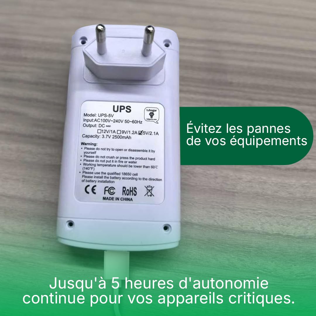 Mini UPS 5V Onduleur de Grande Capacité | Batterie Interne 2500mAh Et Connecteur USB | Système d'alimentation Ininterrompue Onduleurs pour Box Internet, Caméras Et Micro Onduleur 5V (Max. 2A)
