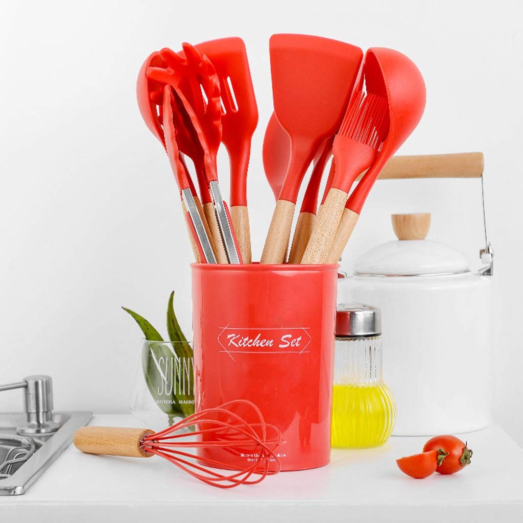 YYDS Koch Utensilien 11 PCS Küchenzubehör Set mit Halter Silikon Utensilien Kochsets Holzgriff Nonstick Kochgeschirr Küchenhelfer, Red Kochzubehör