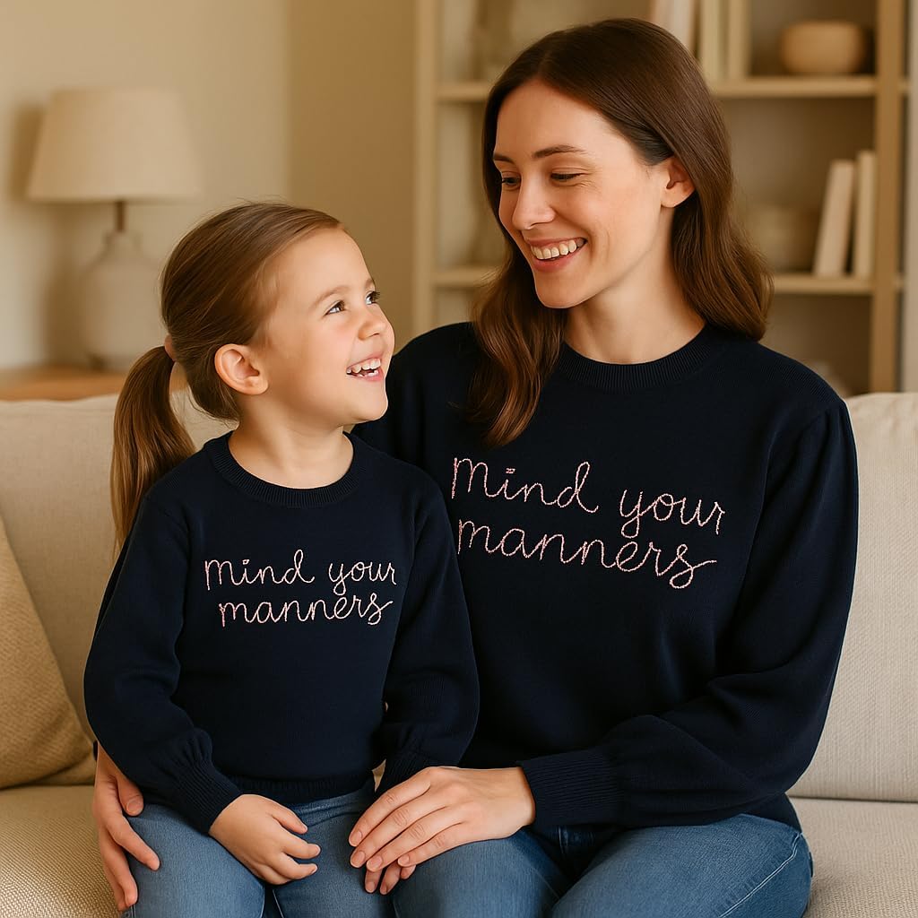 Mind Your Manners Navy Blue Kids Sweater, Pullover Girls Sweater for Kids Classic Crew Neck Long Sleeve School Casual Wear