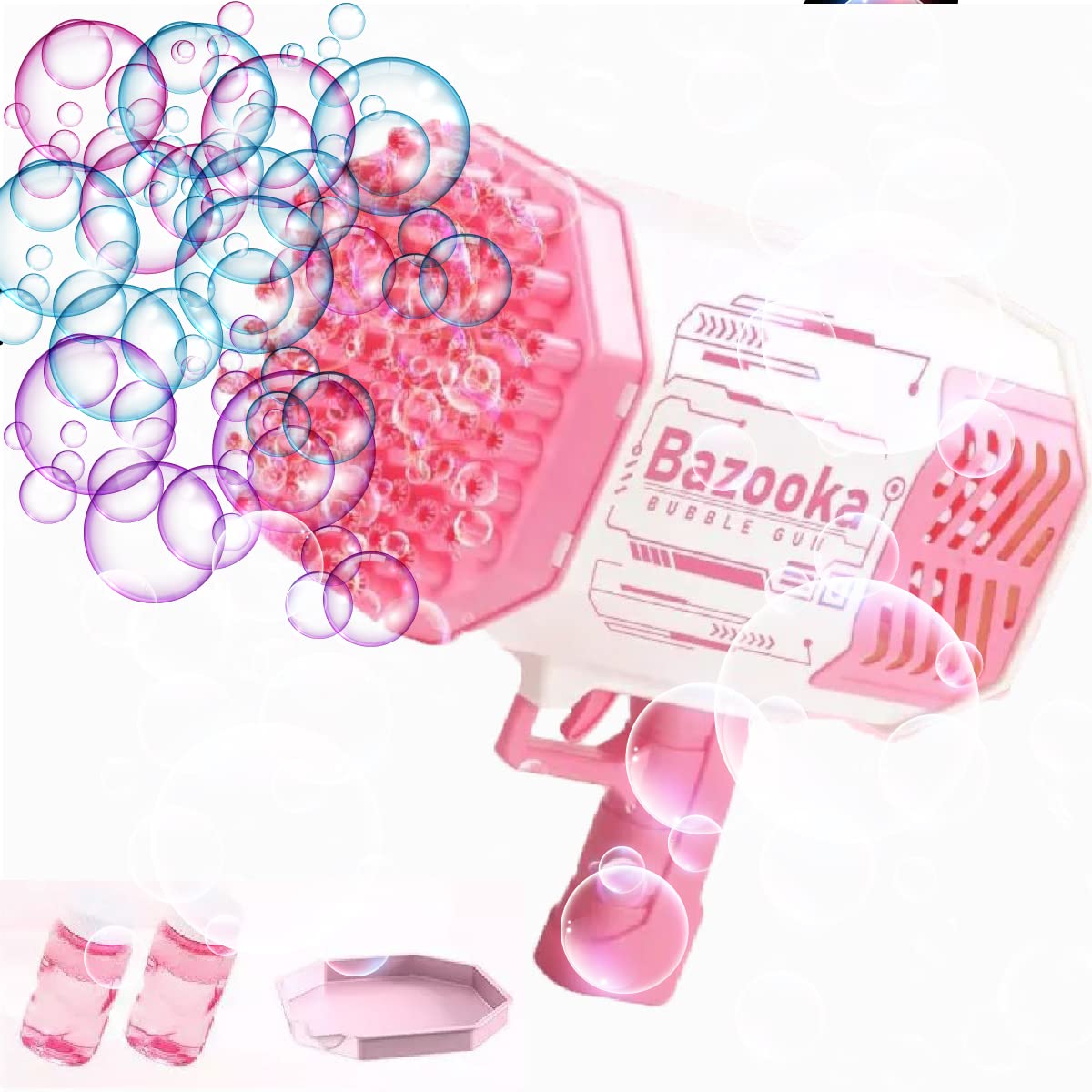 Bubble Machine Gun, Bubble Solution, 69 Holes and Lights, Bubble Machine for Kids and Adults, Bazooka Bubble Gun, Foam Machine for Birthday Wedding Party, Summer Toy Gift for Outdoor Indoor (Pink)