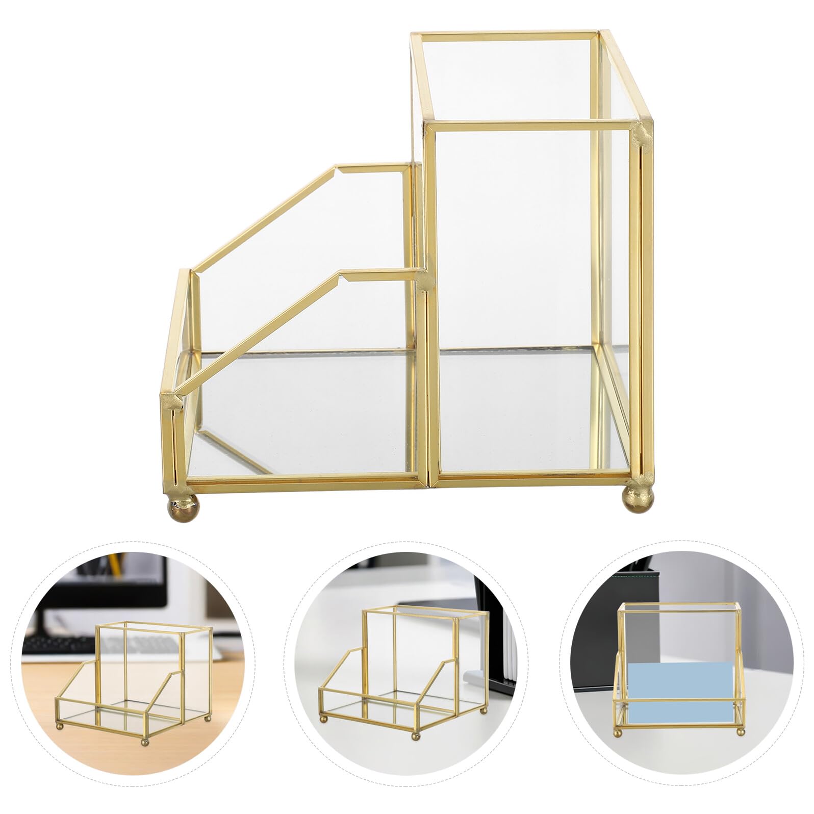 Porta Biglietti da Visita in Vetro con Bordo Oro per Scrivania | Design Elegante con Struttura in Ferro, Uso su Tavolo, Aspetto Curato per Riunioni e Ufficio