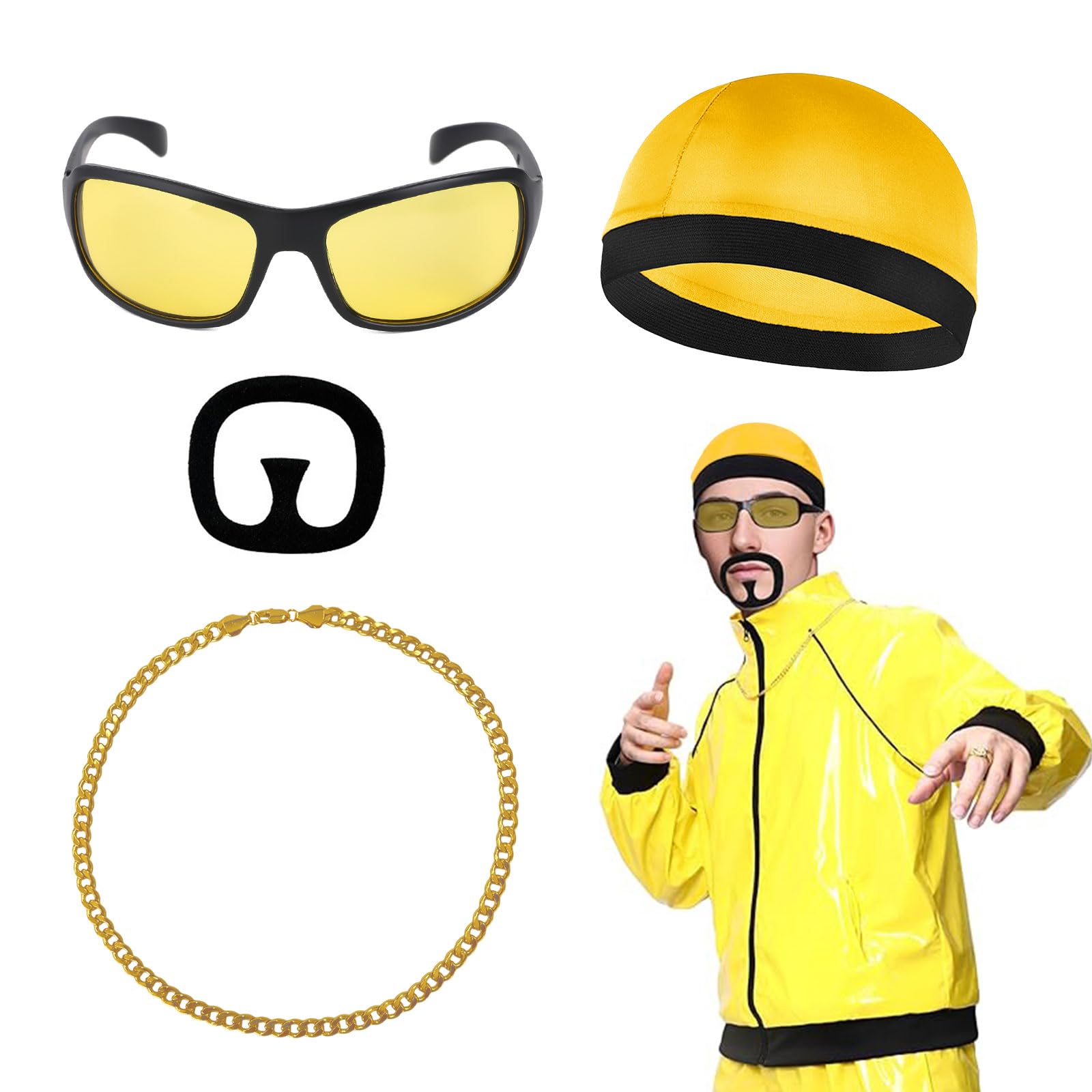 UILYNIU 4 Pieces 90s Celebrity Costume Yellow Shell Suit with Hat Sunglasses Gold Chain and Black Goatee Mens Fancy Dress Costume Men for Funny Rapper Halloween Party Carnival (4 pcs)