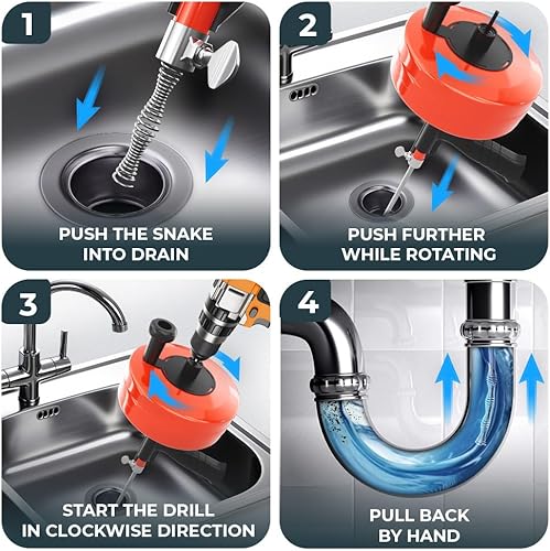 Miniatura 4 de Serpiente de drenaje 2.0 50 pies - con accesorio de taladro - Serpiente de plomería ideal para desbloquear fregadero y drenaje - Sinfín de drenaje