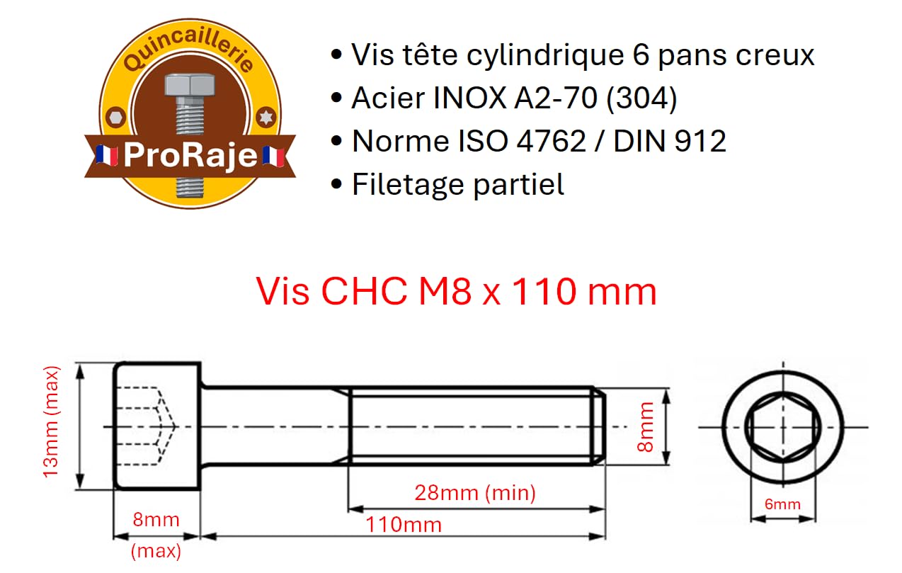 Śruby ze stali nierdzewnej M8x110 mm z łbem cylindrycznym BTR Ø 8 x 110 mm | Śruba M8 x 110 mm CHC z łbem sześciokątnym (klucz imbusowy) | Stal nierdzewna A2-70 (V2A/304) | ISO 4762 / DIN 912: Zestaw