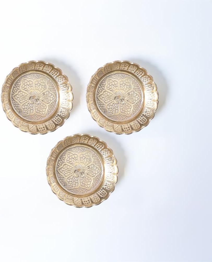Solid Brass Decorative Nakshi Plate Set, Ideal for Puja, Home Decor, Diwali and Festive Gifting, Small 7 cm, Pack of 3