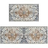 Boho Kitchen Rugs and Mats Sets of 2, Farmhouse Bohemian Vintage Kitchen Rug Decoration,Rubber Backi