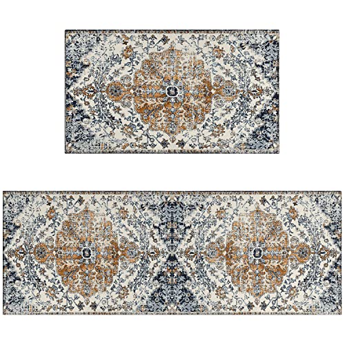 Boho Kitchen Rugs And Mats Sets Of 2, Farmhouse Bohemian Vintage Kitchen Rug Decoration,Rubber Backing Non-Slip Absorbent Mats For Sink,Washable And Waterproof Runner Rug For Laundry Room #TOP19