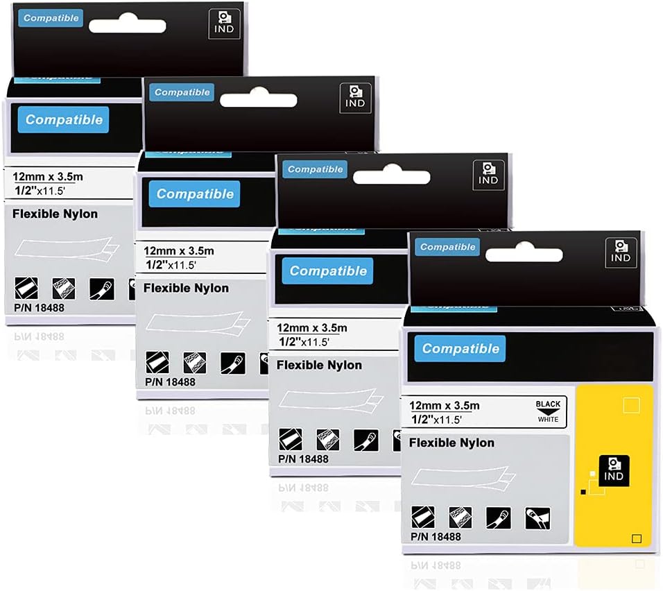 18488 Replace for Dymo Rhino Flexible Nylon Industrial Label Tape 1/2'' A18488 Work with DYMO Rhino Pro 4200 5200 5000 6000 3000 Label Maker,1/2'' x 11.5' (12mm x 3.5m), 4-Pack, Black on White